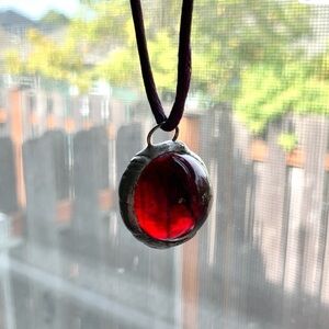Dark red glass orb metal pendant purple satin cord necklace